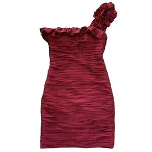 JS Collections One Shoulder Ruffle Pleated Ruched Formal Dress Maroon Red Size 4